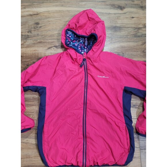 Eddie Bauer Reversible Hooded Spring Jacket Pink/Blue Floral Fleece Girls 10 12 - Picture 4 of 10